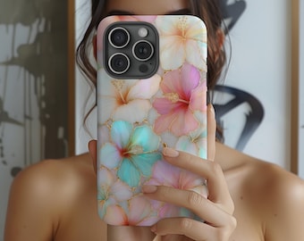 Pastel Hibiscus Flower Hawaii iPhone Case Faux Stained Glass Tropical iPhone Samsung S24 Case, Aesthetic Botanical Hawaiian Vacation Island