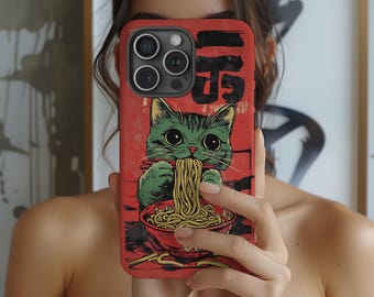 Póster japonés de gato comiendo ramen. Funda para iPhone 16, 15, 14, 13 y 12 Pro Max. Fundas resistentes para Samsung Galaxy 24 y 25. Cultura asiática japonesa.