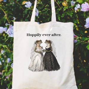 Hoppily Ever After Frog Brides Honeymoon Tote Bag, Wedding Party favors Bridal Gift Goblincore Frog core Bag, Bookish Lesbian Marriage LGBTQ