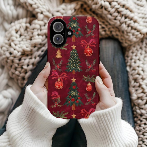 Velvet Red & Christmas Trees Holiday Tough Phone Case | Cover for iPhone 16 15 14 13 12 Pro Max, Samsung Google Pixel
