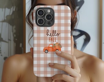 Hello Fall Plaid Orange Tough Case Autumn Lover Pumpkins Tractor, iPhone 16 Pro Max Samsung S24 25 Google Pixel, Pumpkin Picking Hayride