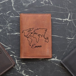 Leather Passport Cover, Personalized Passport Holder, World Map Design Wallet, Engraved Passport Holder, For Traveler, Mothers Day Gift