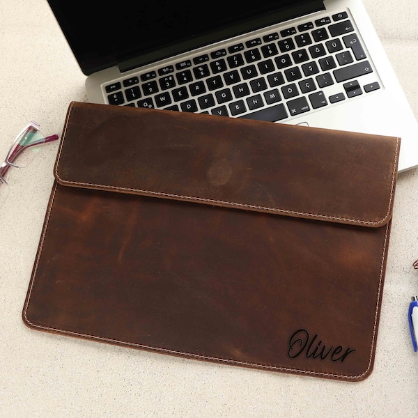 MacBook Pro/Air 13" Leather Laptop Sleeve, Personalized Laptop Case, Leather Laptop Cover, Leather MacBook Envelope Cover, Fathers Day Gift