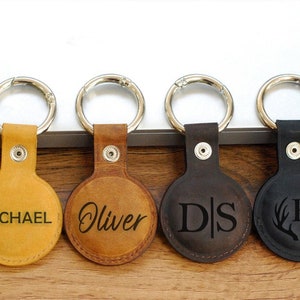 Custom Gift for dad, CUSTOM Genuine Leather Apple Airtag Keychain, Airtag Case, Key Ring, Gift for Men Women, Cute Airtag Cover Leather