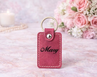 Personalized Pink Leather Keychain, Engraved Keepsake Gift
