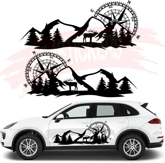 Fochutech Cool Car Stickers for Men, Compass Mountain Big Car Decals, Vinyl  Stickers for Car Side Body Door, Large RV Graphic Decals Tree