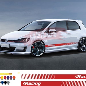 May include: A white Volkswagen Golf GTI with red and white racing stripes and the word "Racing" on the side. The car is on a gray asphalt surface. The image also includes a color chart and a close-up of the racing stripes.