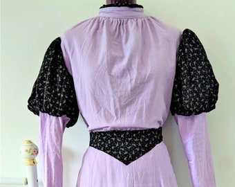 Vintage Handmade Lavender & Calico Floral Victorian Prairie Leg-of-Mutton Sleeve Blouse + Skirt Set