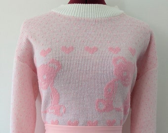 Vintage Pastel Pink Teddy-Bears & Hearts Kawaii Fairy Kei Pullover Knit Sweater