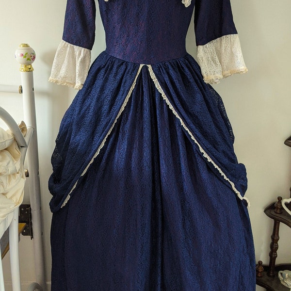 Vintage Handmade Victorian Reproduction Navy Blue Lace Reenactment Bustle Dress
