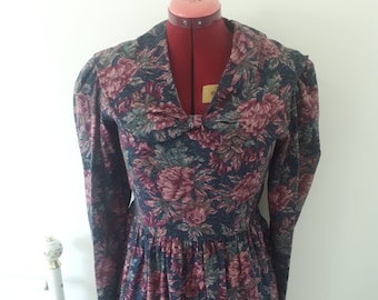 Vintage Laura Ashley 1980s Floral Prairie Sailor Dress Size UK 14