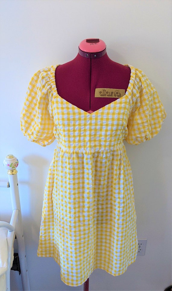 Pastel Yellow Cottagecore Gingham Lolita Babydoll… - image 1