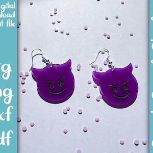 Orecchini pendenti acrilici a strati con emoticon sorridente del diavolo viola SVG PNG DXF File PDF / File per orecchini tagliati al laser