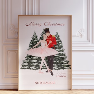 Cute Nutcracker Christmas Wall Print, Christmas Printable Wall Art, Xmas Home Decor, Trendy Pink Ballerina Poster, Holiday Digital Download