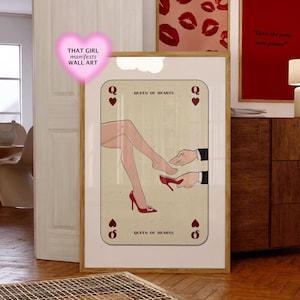 Estampado de cartas de juego de la REINA DE CORAZONES, tacones altos rojos femeninos, arte elegante para armario, póster de afirmación de amor propio, arte de pared para dormitorio moderno y elegante