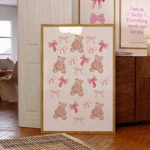 Poster mignon nounours rose à la mode, décoration de chambre coquette, impression de noeud, poster noeuds à la mode, poster affirmation rose, décoration de dortoir girly