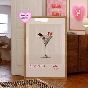 Martini Drink Retro Wall Art, Cartel de lápiz labial rojo, Ciudad de Nueva York, Decoración de habitación femenina, Cartel retro preppy de labios rojos, Arte de pared de Martini sucio