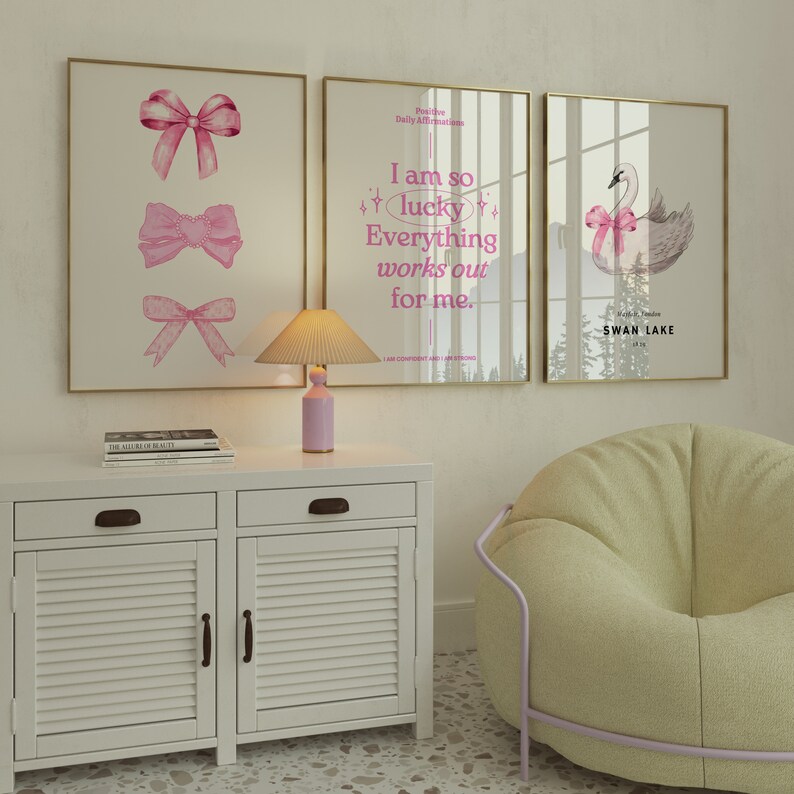 Trendy Pink Bows Wall Art Set of 3, Coquette Room Decor, Swan Coquette ...