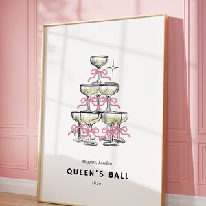 Arte de pared con lazos rosas de moda, decoración de habitación londinense con champán, estampado de lazos elegantes, póster rosa francés con lazos de moda, decoración de habitación femenina.