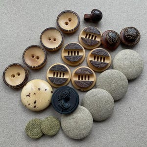 May include: A collection of assorted buttons including light beige circular buttons with two holes, two-toned buttons with dark brown textured centers, fabric-covered buttons in beige and green, a black cameo button, and a small dark brown toggle.