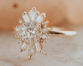 Antique Art Deco Snow Flake Halo Moissanite Ring 14K Solid Gold Ring Round Moissanite Engagement Ring Anniversary Gift Promise Ring for Her