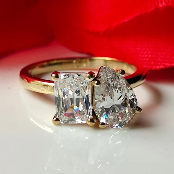 2.5 Carat Double Stone Engagement Ring 14K Solid Gold Ring Pear Cut and Emerald Cut Diamond Two Stone Wedding Ring Promise Ring Gift for Her