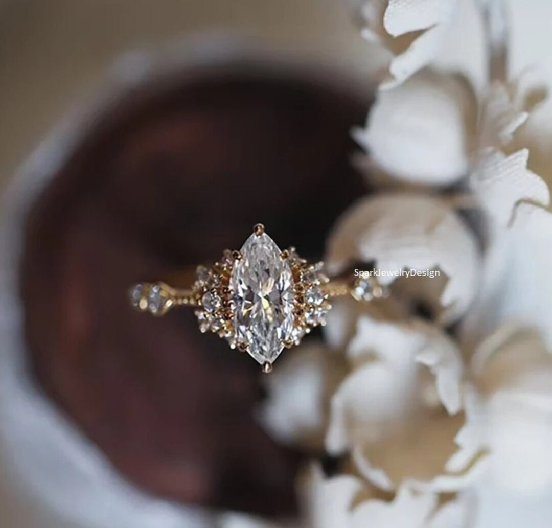 Vintage Marquise Cut Diamond Engagement Ring Personalised 14k Yellow ...