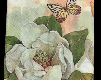 Magnolia Butterfly Decoupage Napkins Set of 2 | Guest | Vintage Botanical Southern Floral for Spring Crafts & Mixed Media Art