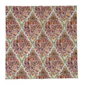 May include: A square fabric with a repeating floral pattern in shades of orange, burgundy, and green on a cream background. The design features a symmetrical arrangement of stylized flowers and leaves, creating a decorative textile.