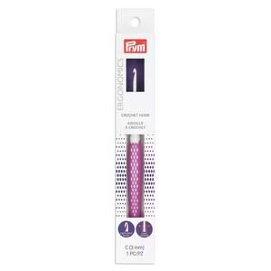 May include: A purple and white crochet hook with a textured handle, packaged in a white box. The box features the brand logo, the word "ERGONOMICS", and the text "CROCHET HOOK". The hook size is C (3 mm).