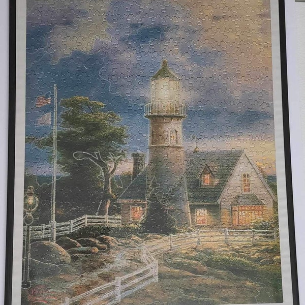 Thomas Kinkade glow in the dark jigsaw puzzle framed lighthouse wall decor