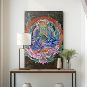 Green Tara Canvas Art: Spiritual Goddess Decor for Yoga Room