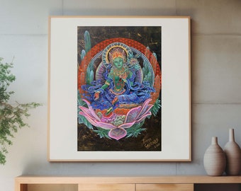 Green Tara Art Poster: Psychedelic Goddess Print for Yoga Decor