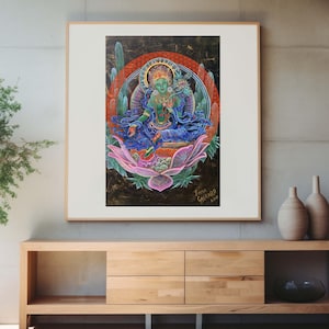 Green Tara Art Poster: Psychedelic Goddess Print for Yoga Decor