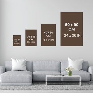 May include: A comparison of different print sizes for a framed artwork. The sizes are listed in both inches and centimeters. The smallest size is 8 x 12 inches (20 x 30 cm), the medium size is 12 x 18 inches (30 x 45 cm), the large size is 16 x 24 inches (40 x 60 cm), and the largest size is 24 x 36 inches (60 x 90 cm).