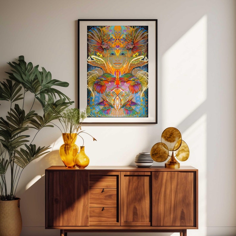 Abundance is a stunning depiction of the divine feminine, perfect for those who admire witchy aesthetics. This dreamy artwork encapsulates the essence of the island, the power of women, and the harmonious flow of life.