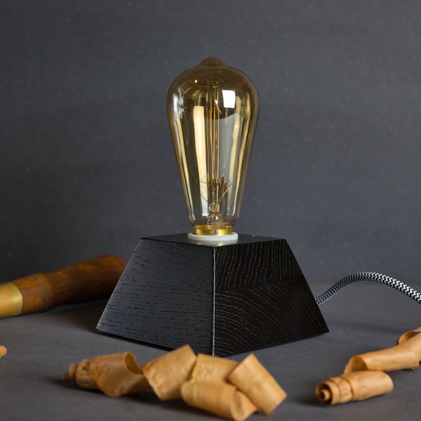 Edison lamp in black stained oak - bulb supplied - design and modern - retro - vintage