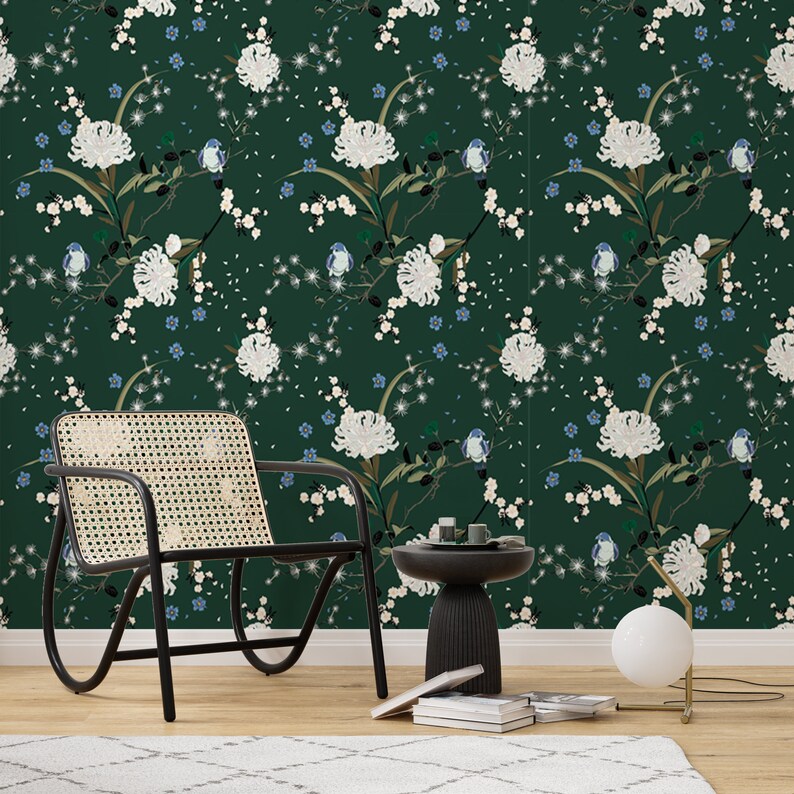 Green and Gold Floral Wallpaper Watercolor Larger Leaves Etsy