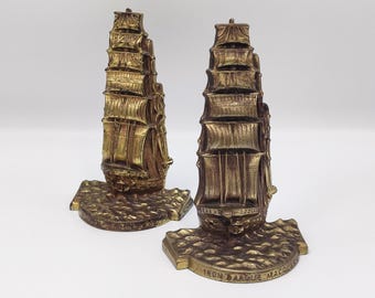 Vintage Sailing Ship Bookends, Iron Barque Macquarie Tall Ship Pair, Solid Brass or Bronze, Nautical Maritime Library Decor, Mariner Gift