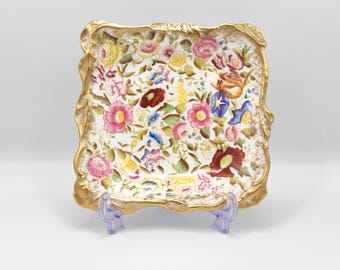Hammersley Queen Anne Square Dish Bone China Blumen Chintz Goldvergoldet Schmuckstück Schmuckschale Vintage Mid Century English China Candy Dish