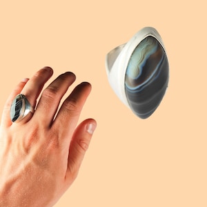 Asymmetrical 925 Sterling Silver Banded Agate Ring | Size UK S | 15.64 grams | Statement Jewellery | Chunky