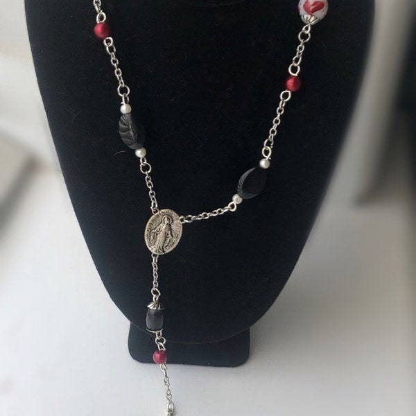 Inverted Cross Rosary Necklace - Silver and Red