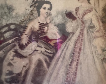 Antique framed fashion print from La Mode Illustrée featuring two women.