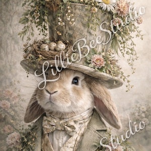 May include: A whimsical illustration of a rabbit dressed in a vintage suit and top hat adorned with flowers and a nest with eggs. The rabbit has long ears and a bow tie. The image has a soft, pastel color palette.