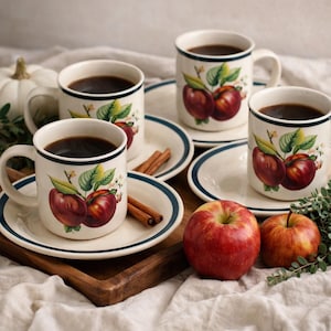 May include: Four white ceramic mugs filled with dark liquid, each with a handle and a blue rim. The mugs are decorated with a red apple design and sit on matching saucers. Two red apples and cinnamon sticks are also present.