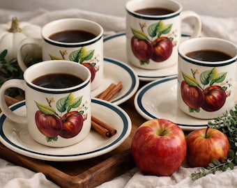 Juego de taza y plato de aperitivo Vintage China Pearl Casuals Apple, 4 unidades, estilo rústico otoñal.