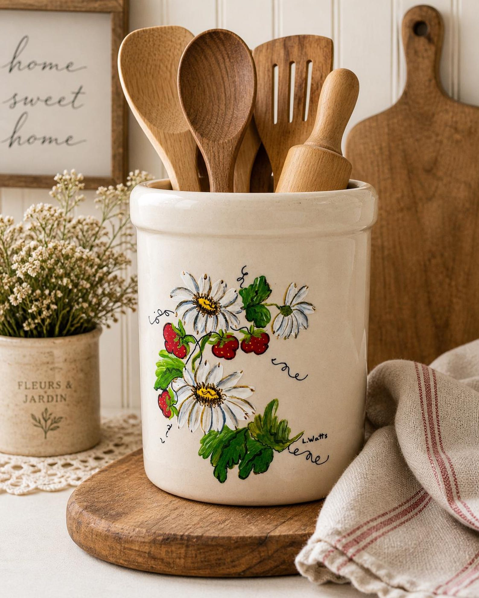 Hand Painted Strawberry Daisy Crock Utensil Holder – Farmhouse Cottage Kitchen Decor Signed L Watts