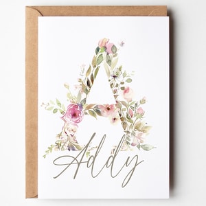 Floral Name Monogram Birthday Card, personalized with optional inside messages