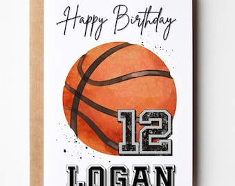 May include: A white birthday greeting card featuring a watercolor orange basketball graphic with black seams. The text Happy Birthday is printed in black script above the ball. The number 12 and the name LOGAN are printed in black.