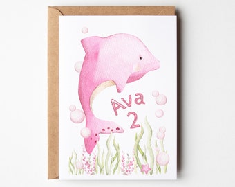 Pink Dolphin personalized birthday card, ANY Age, 1st birthday, 2nd birthday, for daughter, for granddaughter, for niece, Dolphin card, girl